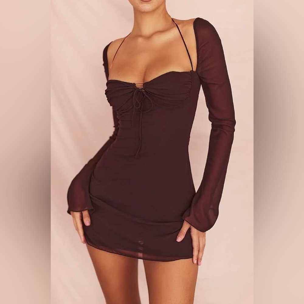 (NEW) Look Sky - Drawstring Side Tie Brown Bodycon Dress (Size M)